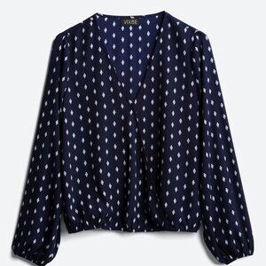 Vixbe, Tanila Surplice Blouse, Navy/White Print, Boho, NWOT, Size SM